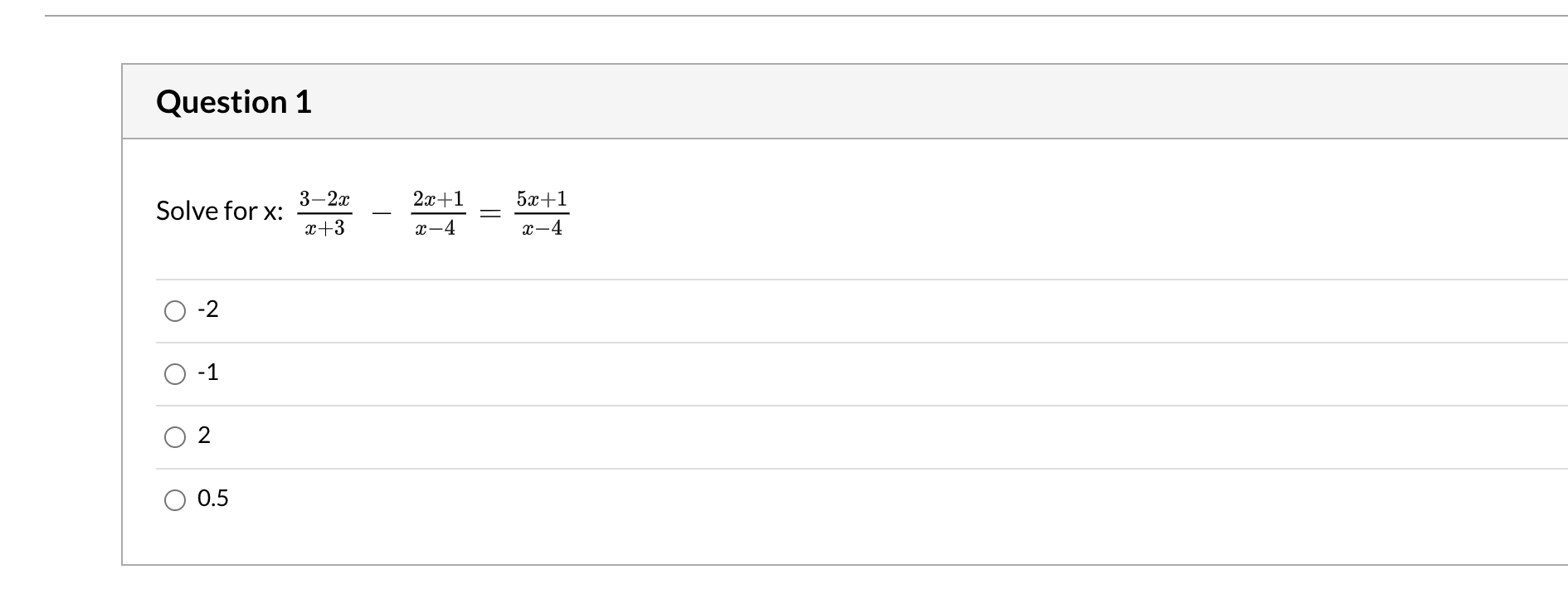 Solved Question 1 2x+1 5x+1 Solve for x: 3-2x x+3 = X-4 x-4 | Chegg.com