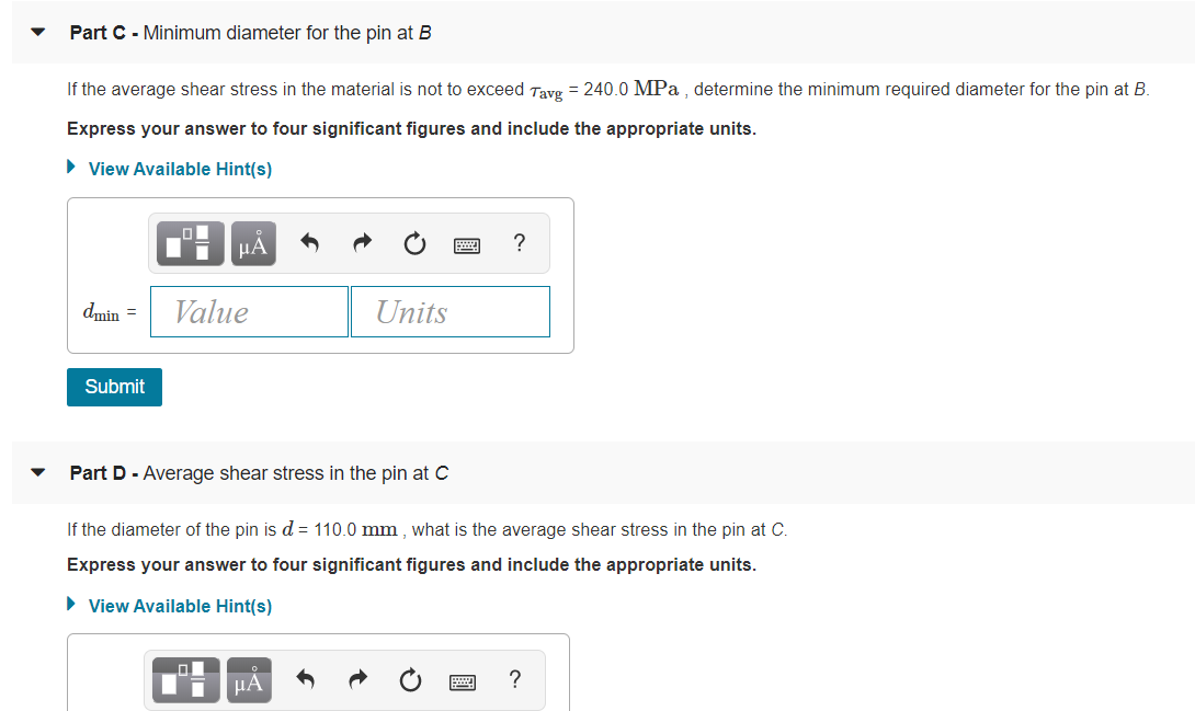 Solved Part C - Minimum diameter for the pin at B If the | Chegg.com