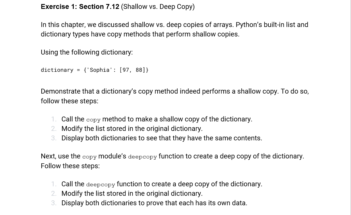 Solved Exercise 1: Section 7.12 (Shallow vs. Deep Copy) In | Chegg.com