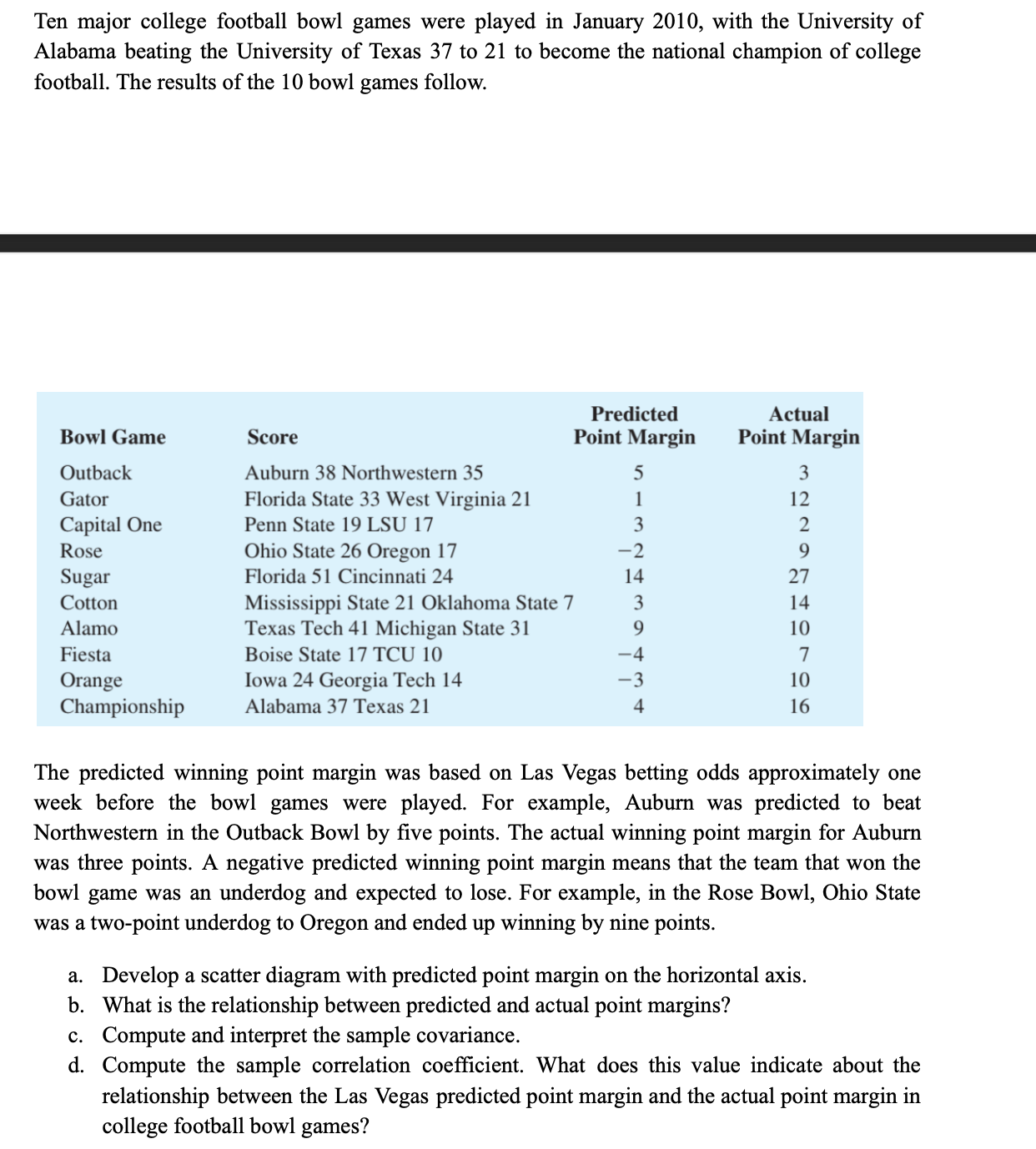 Solved: Ten major college football bowl games were played in Janua