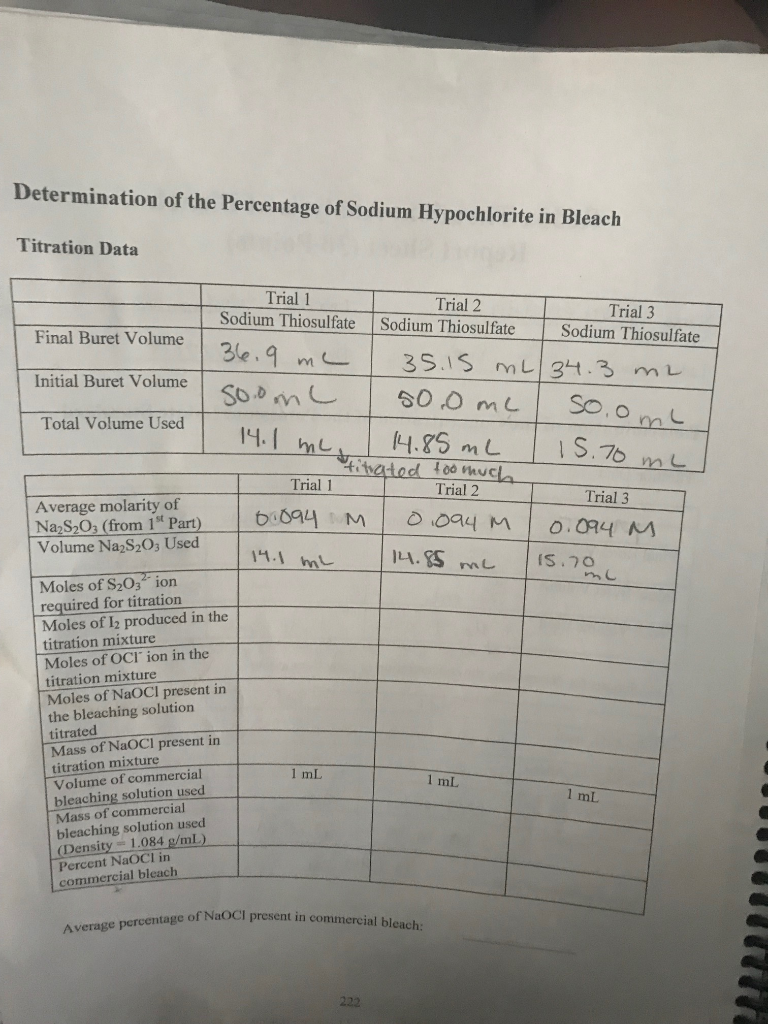 Redox Titration Analysis of Bleach lab report