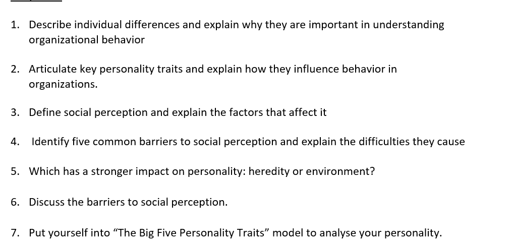 Solved 1. Describe individual differences and explain why | Chegg.com