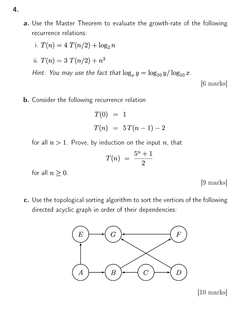 Solved 4. A. Use The Master Theorem To Evaluate The | Chegg.com