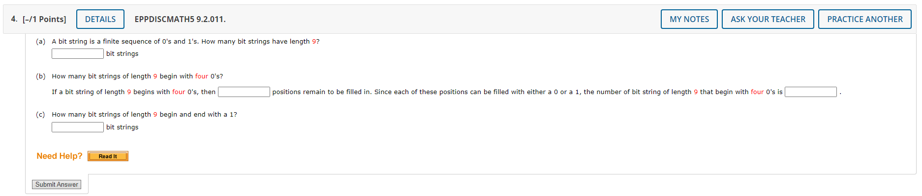 Solved [-/1 Points] EPPDISCMATH5 9.2.011. (a) A bit string | Chegg.com