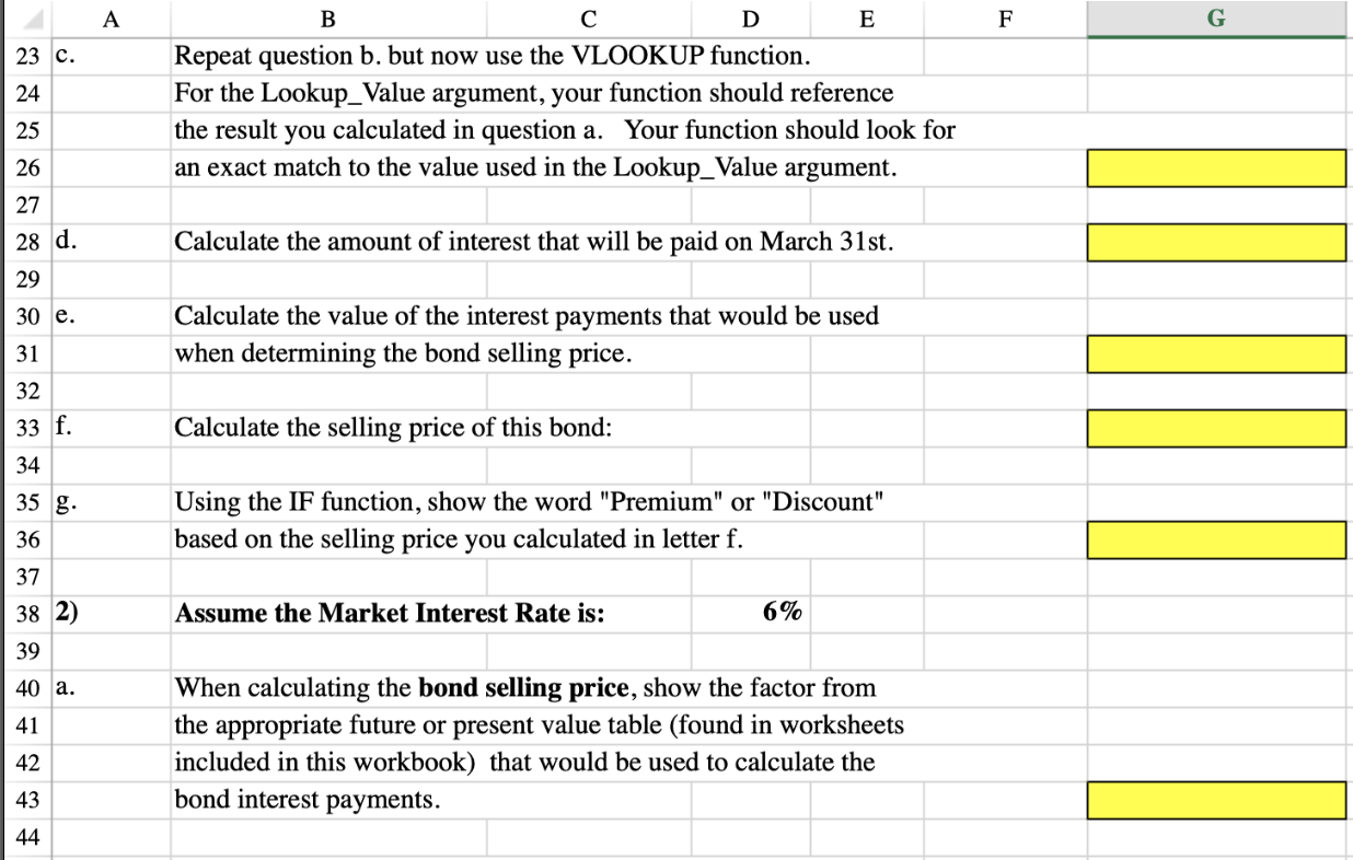 Bond Pricing using Excel's VLOOKUP, IF and Basic Math | Chegg.com