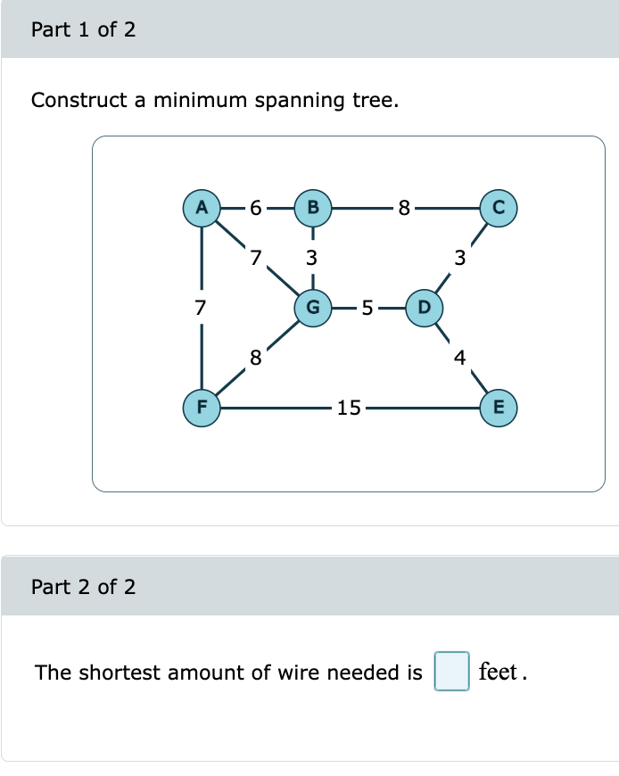 Solved Part 1 of 2 Construct a minimum spanning tree. A 6-B | Chegg.com