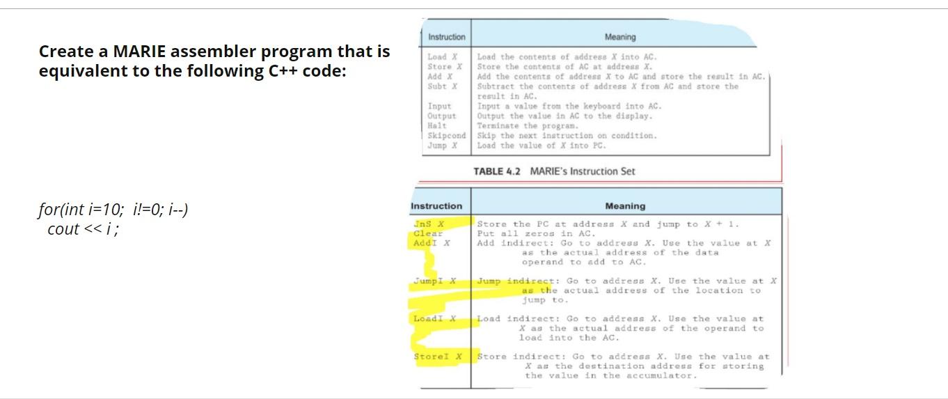 Solved Instruction Meaning Create a MARIE assembler program | Chegg.com
