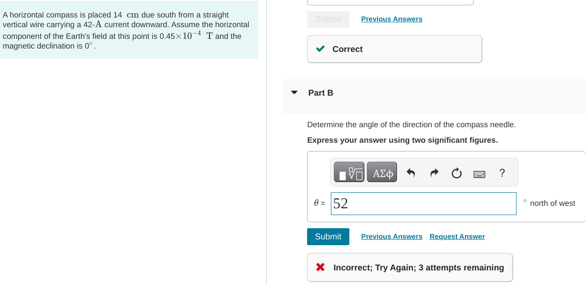 Solved A horizontal compass is placed 14 cm due south from a | Chegg.com