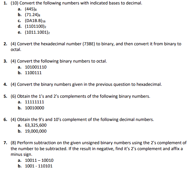 Solved 1. (10) Convert the following numbers with indicated | Chegg.com