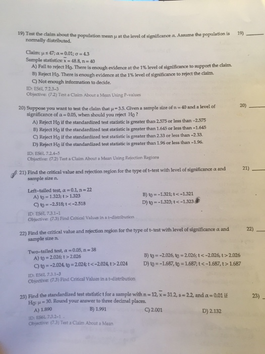 Solved Test the claim about the population mean mu at the | Chegg.com