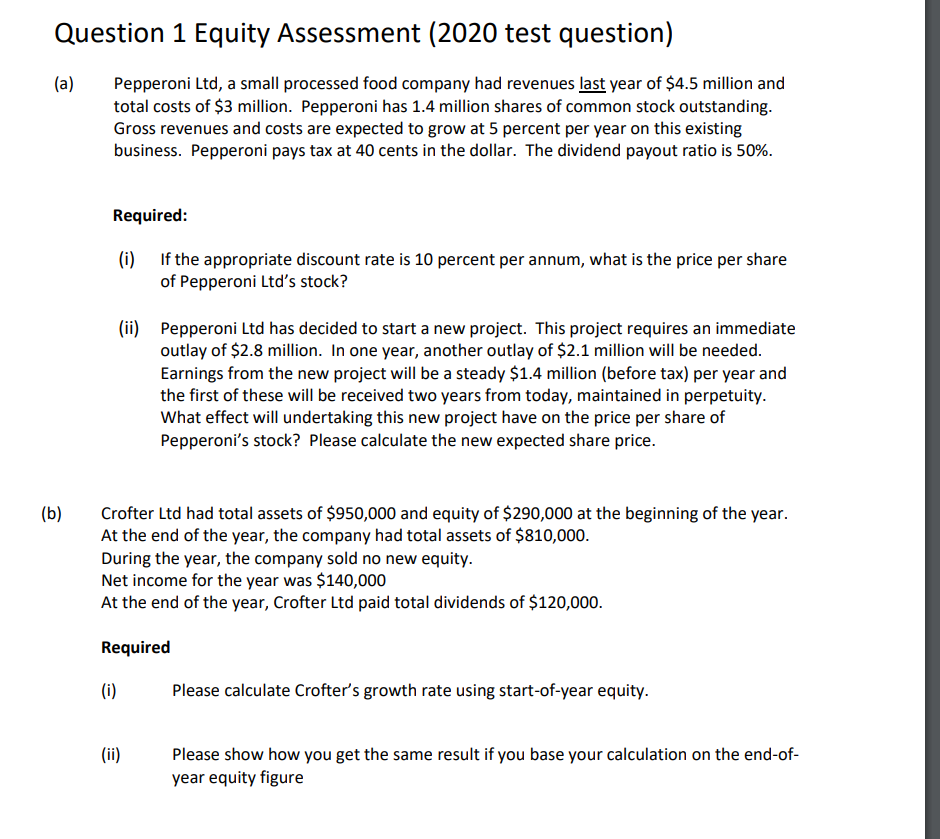 Solved Question 1 Equity Assessment (2020 test question) (a) | Chegg.com