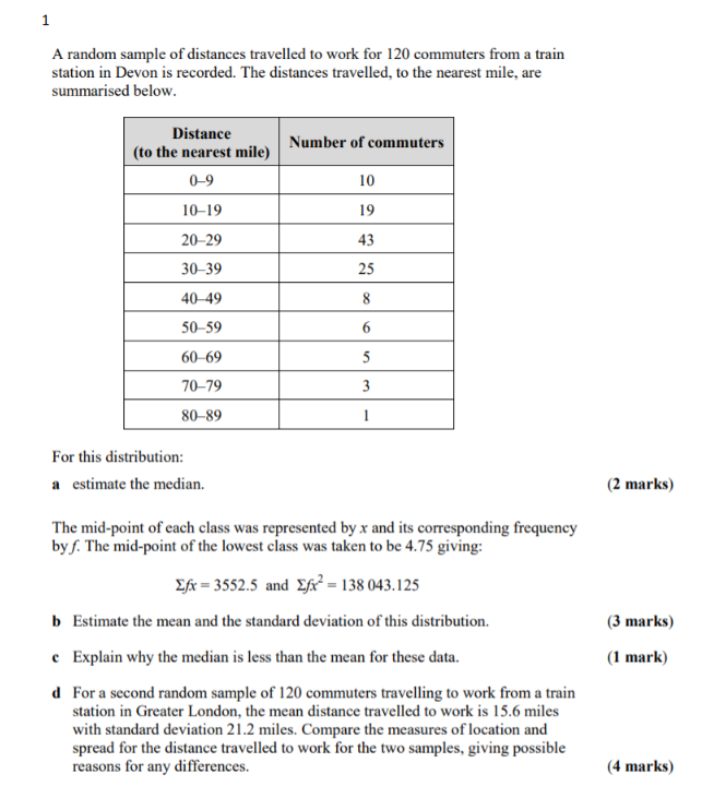 Solved 1 A random sample of distances travelled to work for | Chegg.com