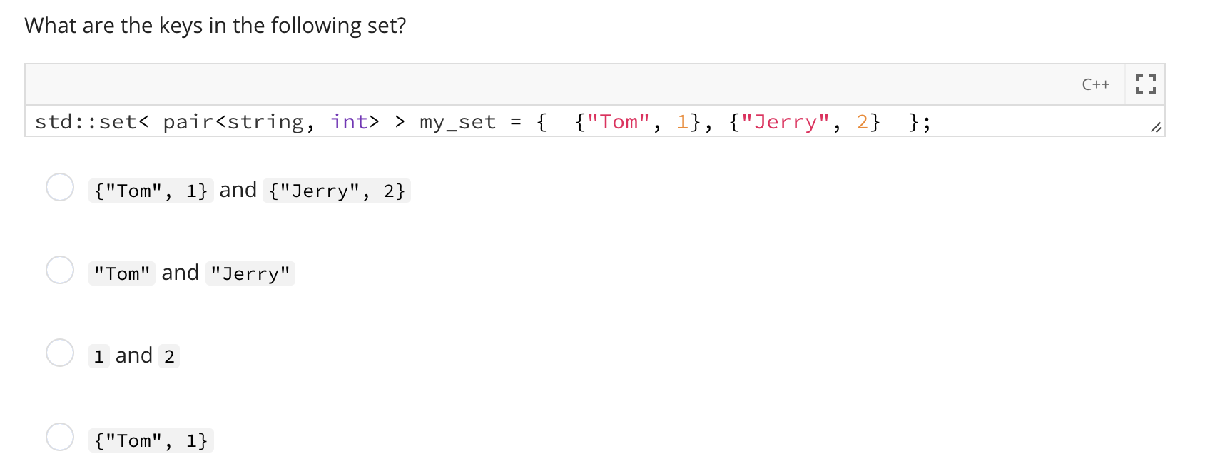 Solved What are the keys in the following set? C++ ri LJ | Chegg.com