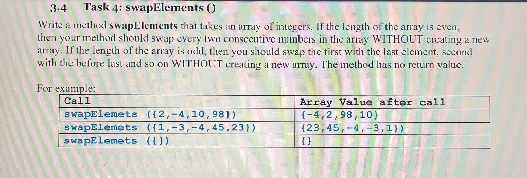 Solved 3.4 Task 4: swapElements () Write a method | Chegg.com