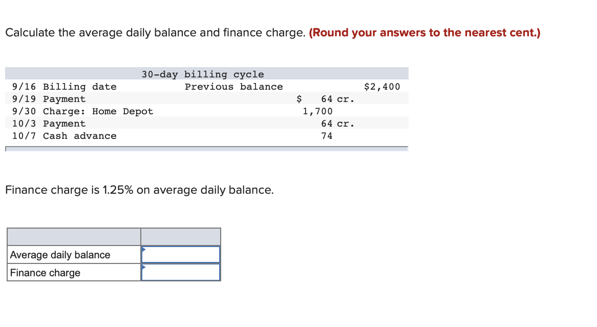 Solved Calculate the average daily balance and finance | Chegg.com