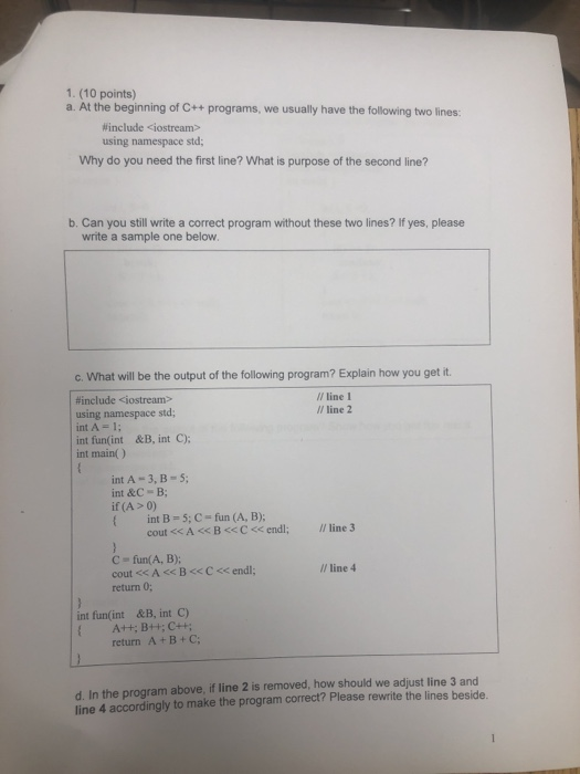 Solved 1. (10 points) a. At the beginning of C++ programs, | Chegg.com
