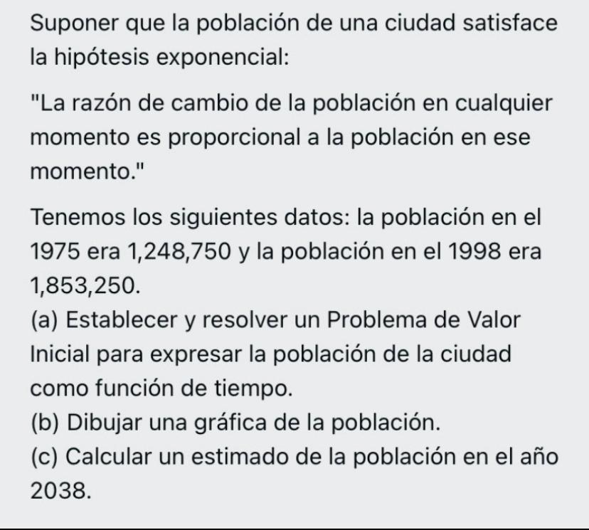 Suponer que la población de una ciudad satisface la hipótesis exponencial: La razón de cambio de la población en cualquier