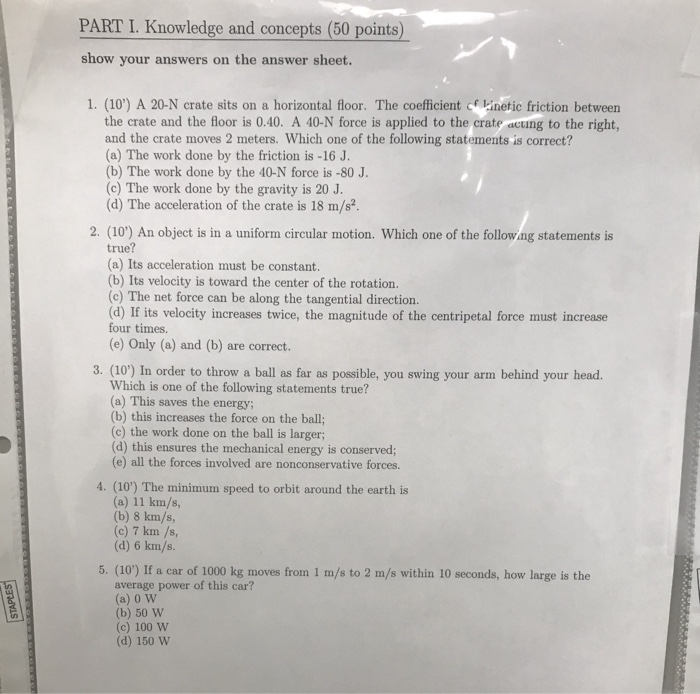 Solved PART I Knowledge And Concepts 50 Points Show Your Chegg