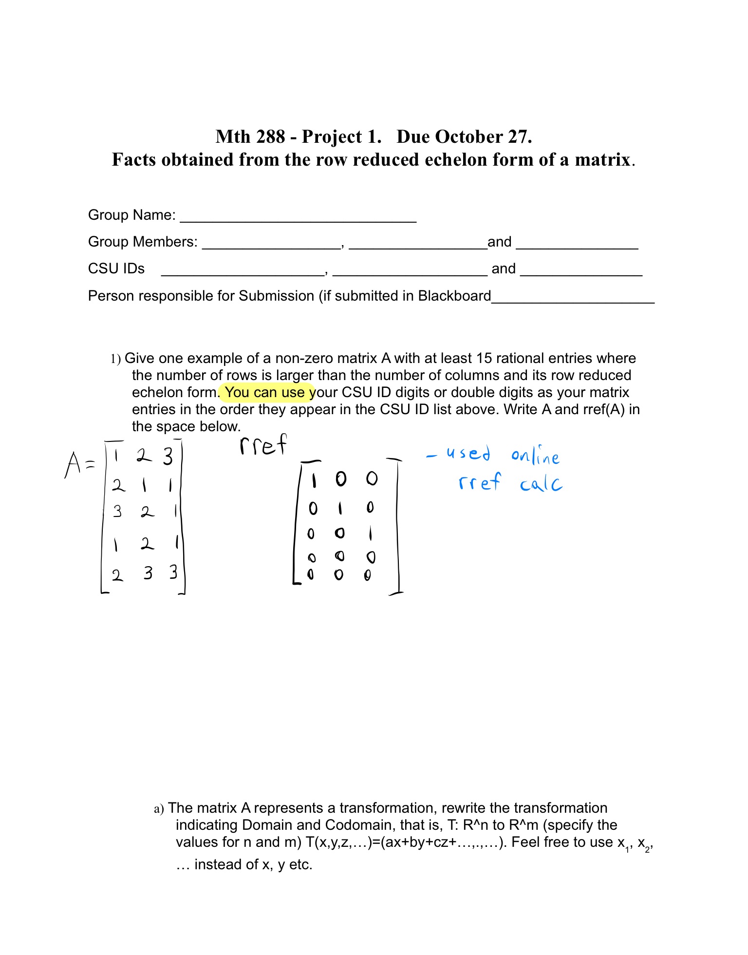 Mth 288 - Project 1. Due October 27. Facts obtained | Chegg.com