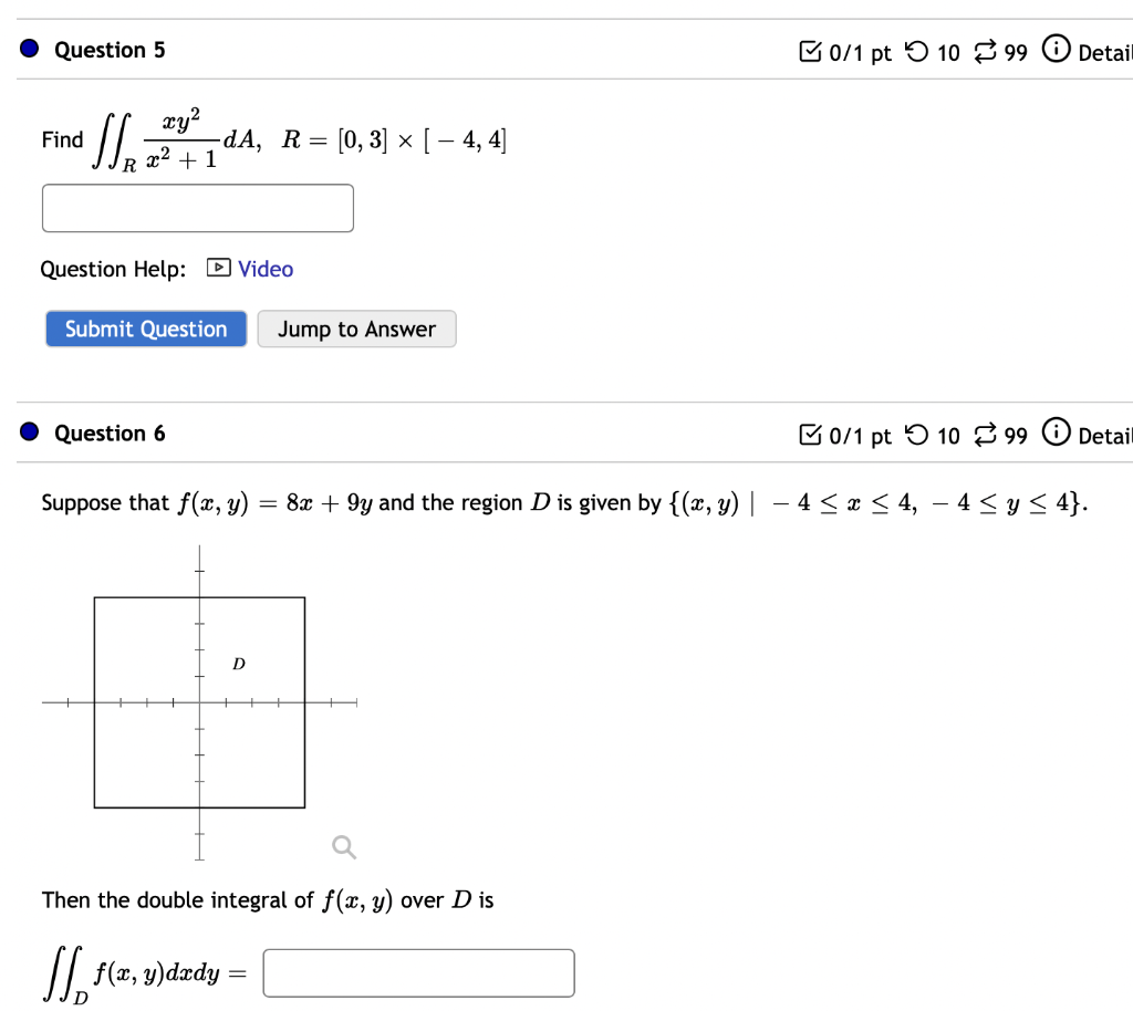 Solved Find ∬Rx2+1xy2dA,R=[0,3]×[−4,4] Question Help: □ | Chegg.com