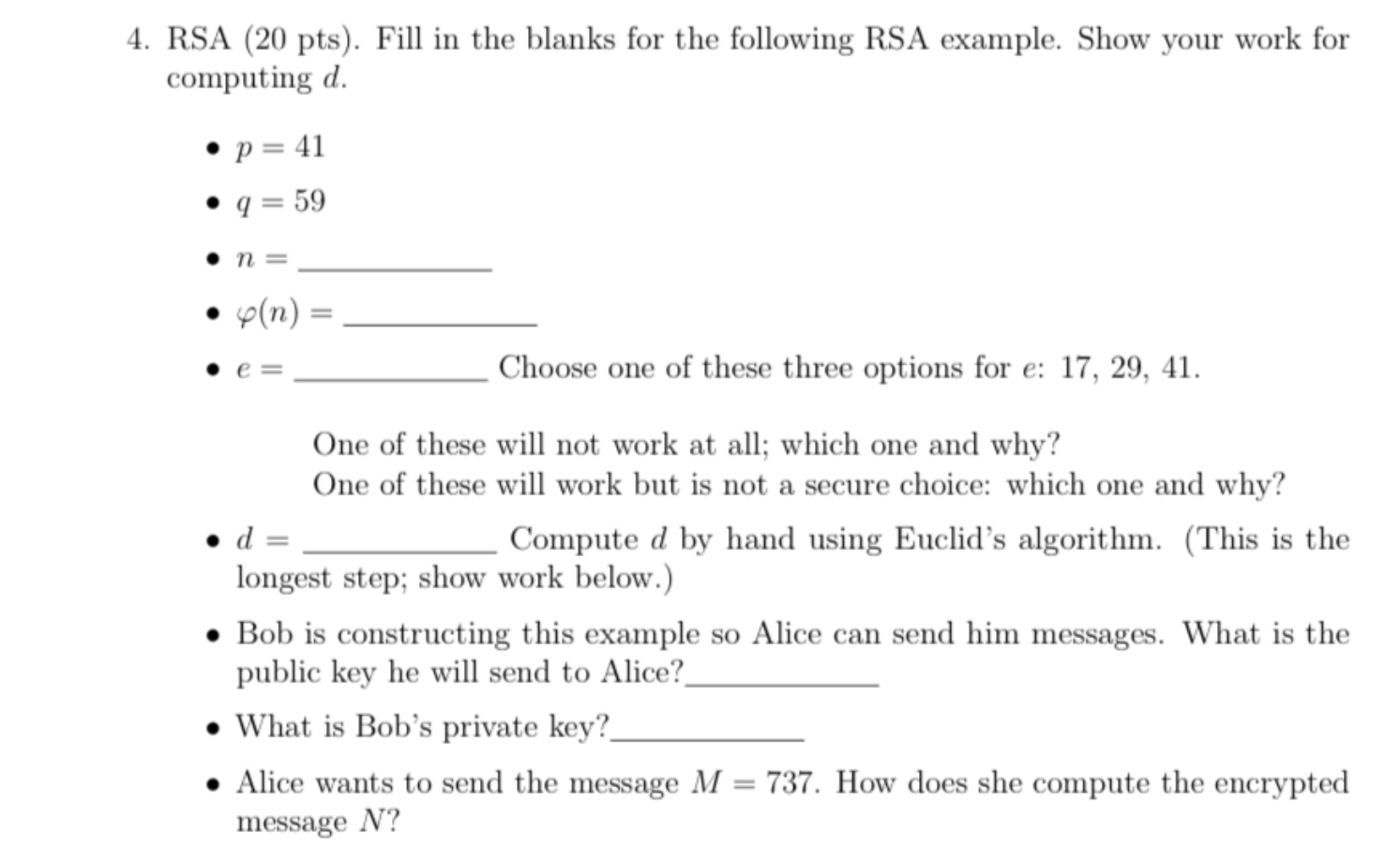 Solved 4. RSA (20 pts). Fill in the blanks for the following | Chegg.com