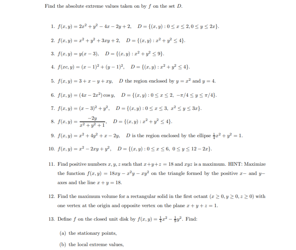 Find The Absolute Extreme Values Taken On By F On The Chegg Com