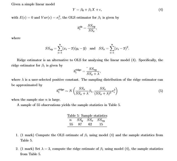 Solved (4) Given a simple linear model Y = Bo + B1X +€, with | Chegg.com