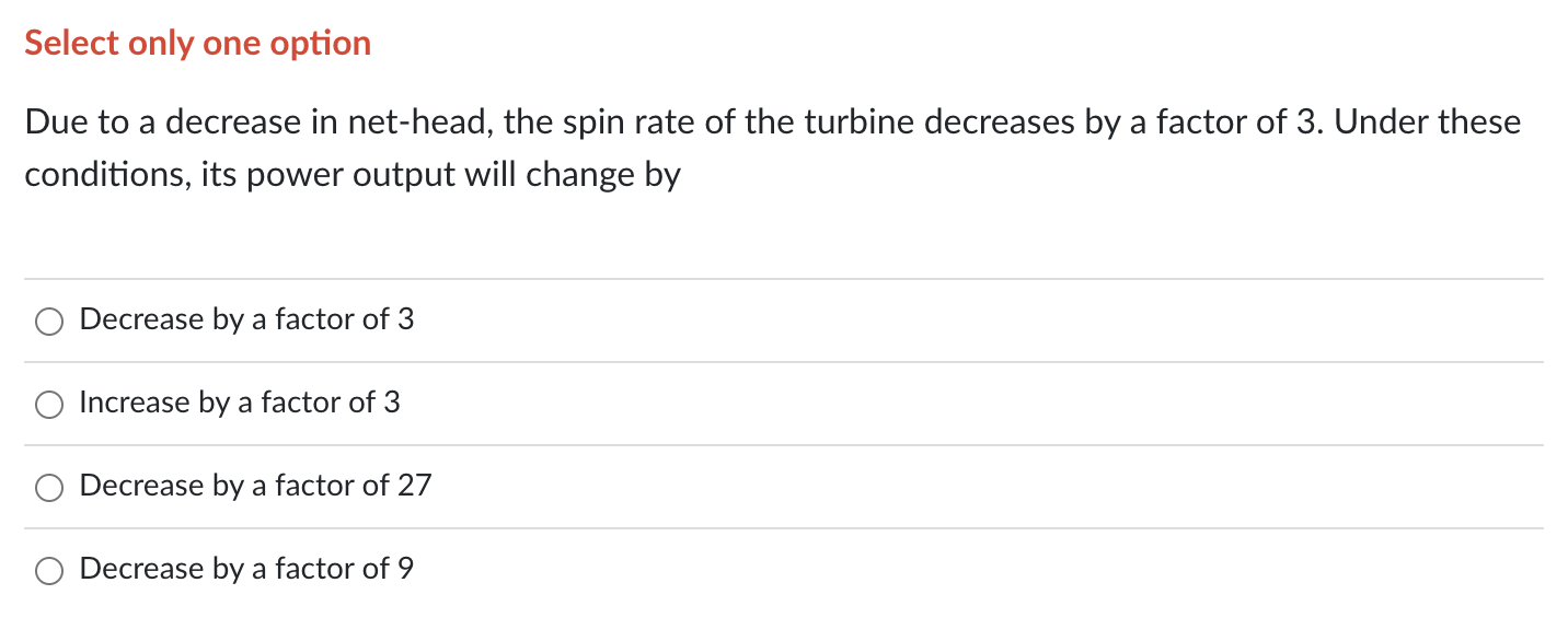 Solved Select only one option Due to a decrease in net-head, | Chegg.com