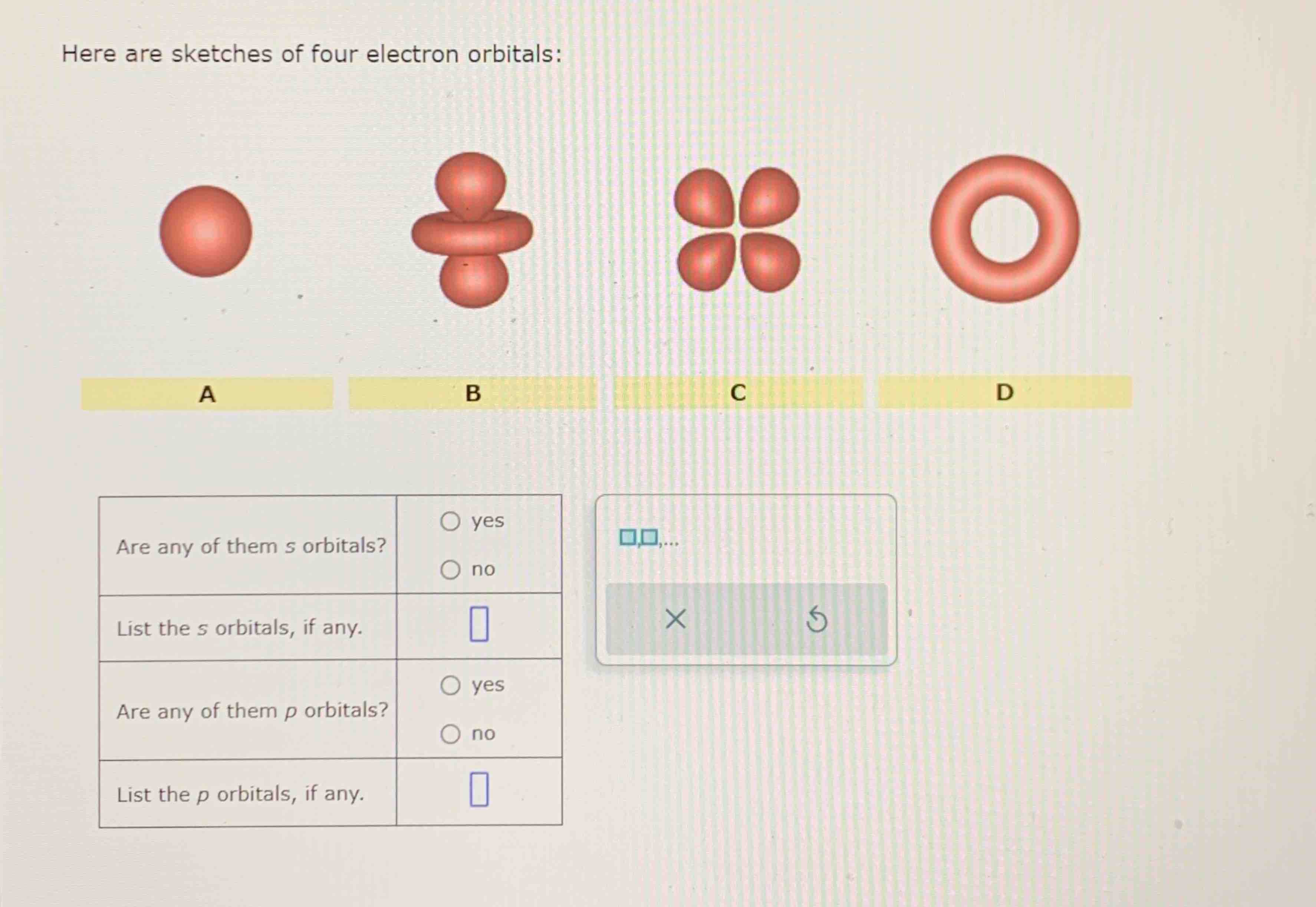 Here are sketches of four electron orbitalsACD