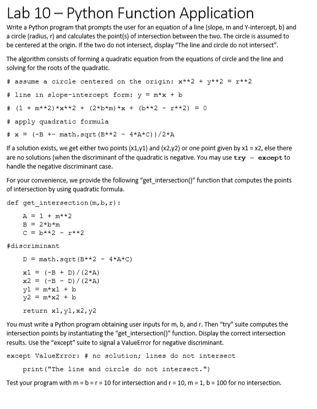 Lab 10 – Python Function Application Write a Python | Chegg.com