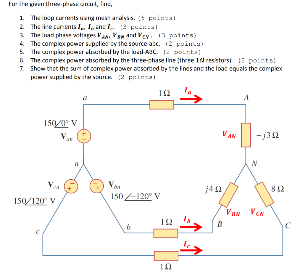 Solved For the given three-phase circuit, find, 1. The loop | Chegg.com