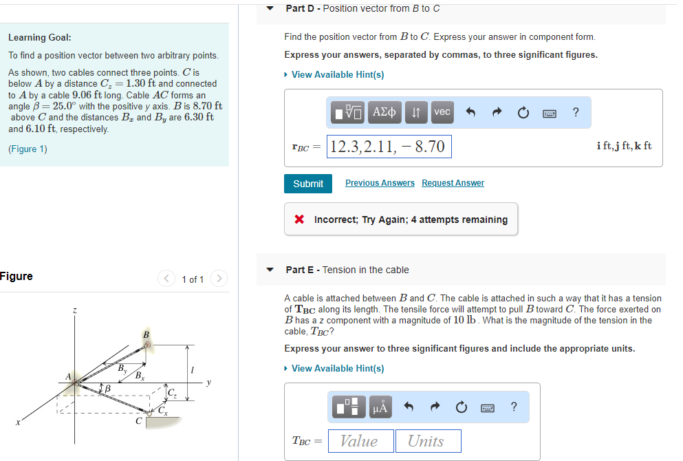 Solved Part D - Position vector from B to C Learning Goal: | Chegg.com