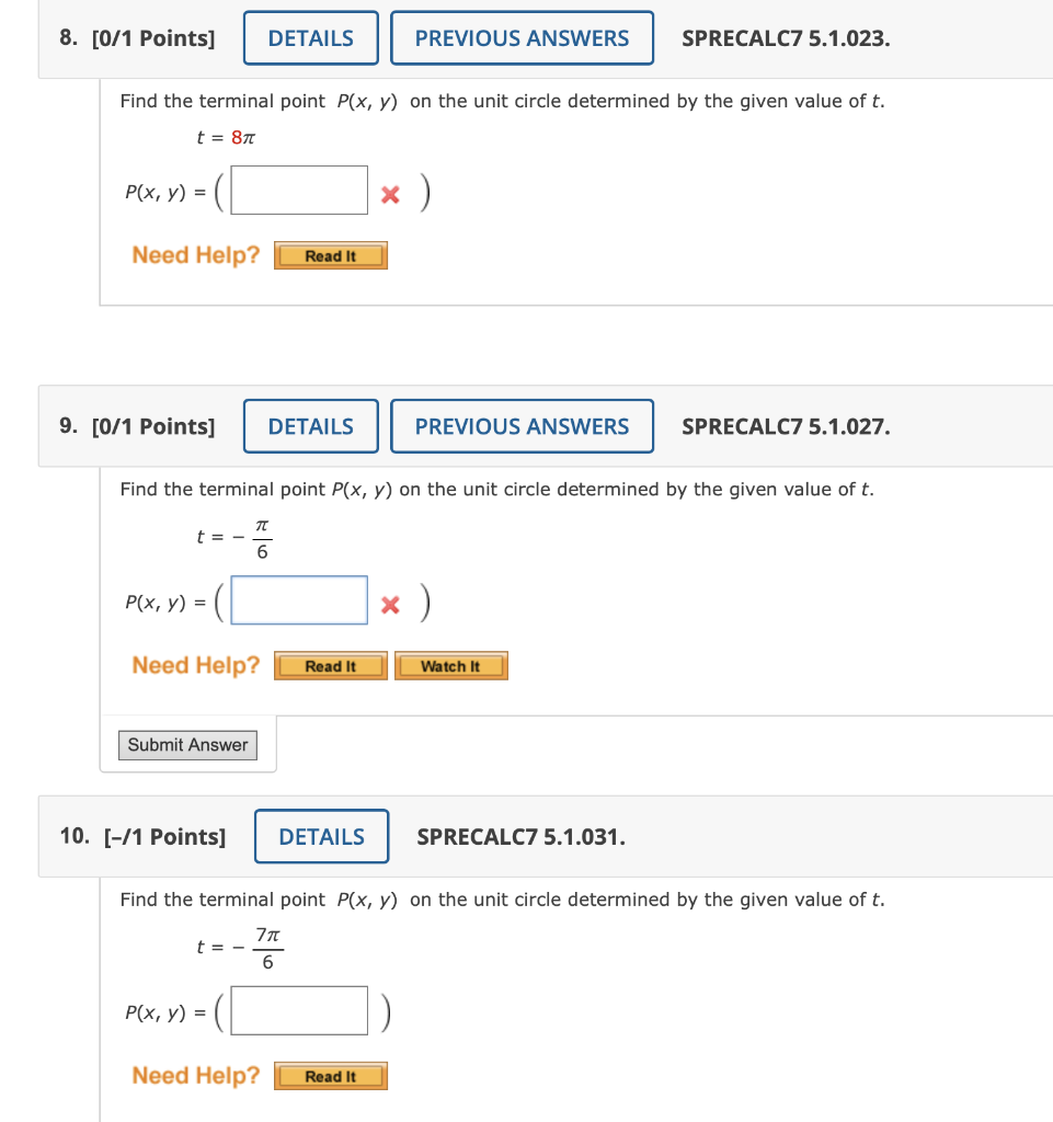 Solved Find the terminal point P(x,y) on the unit circle | Chegg.com
