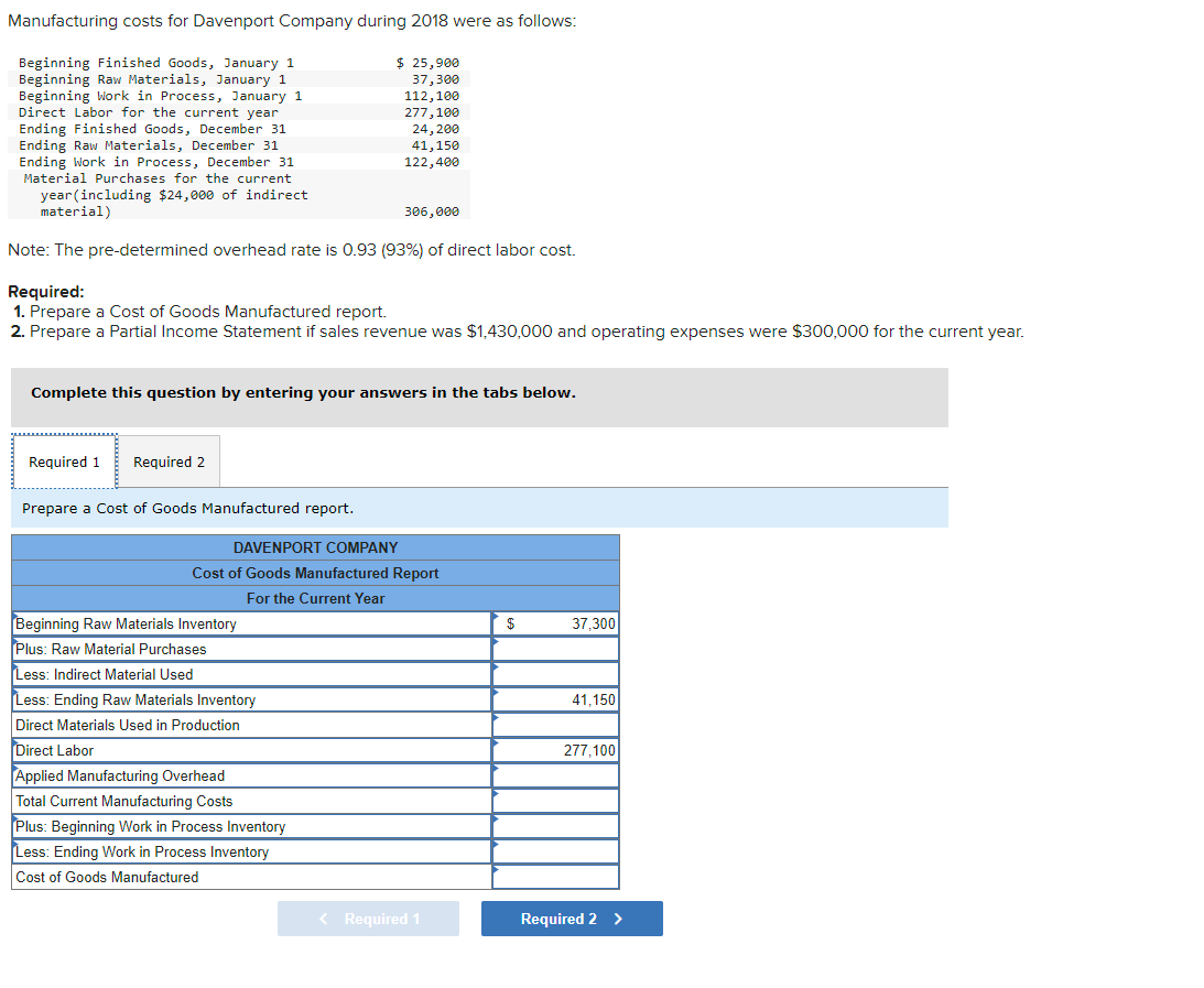 Solved Manufacturing costs for Davenport Company during 2018 | Chegg.com
