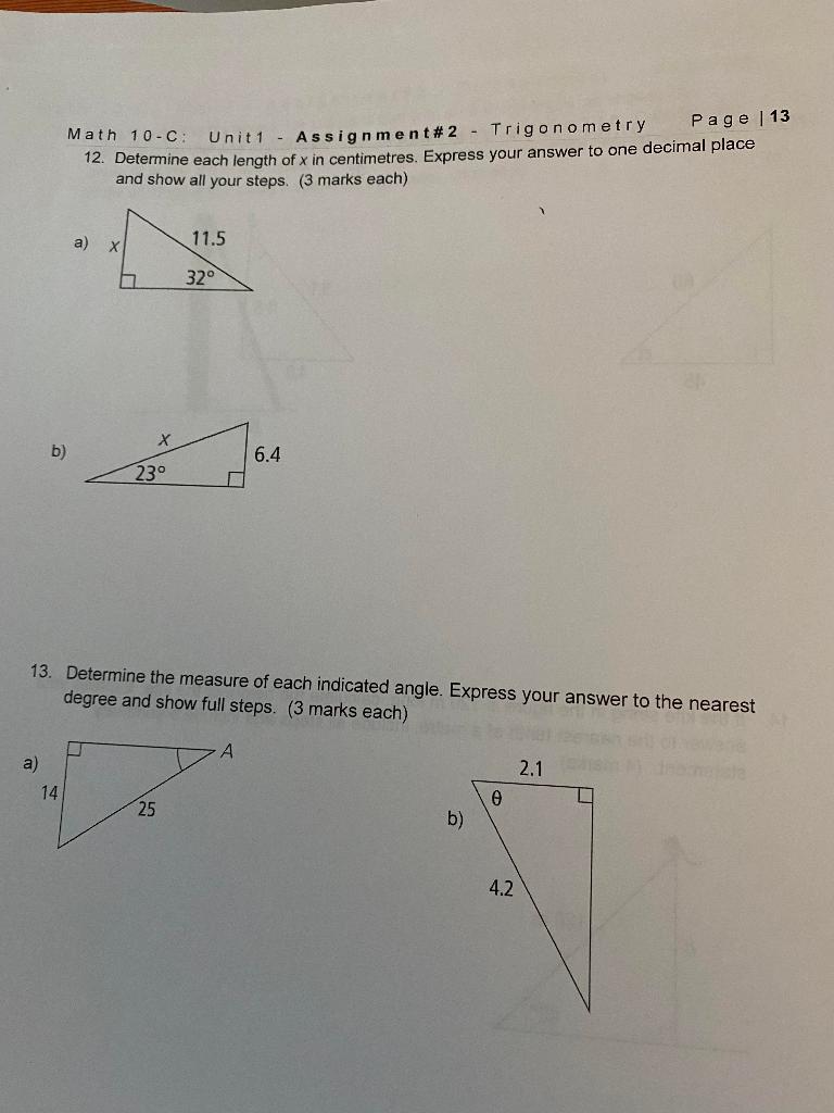 Solved Math 10-C: Unit 1 Assignment #2 - Trigonometry Page | Chegg.com