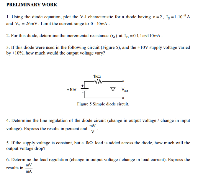 1. Using the diode equation, plot the V−I