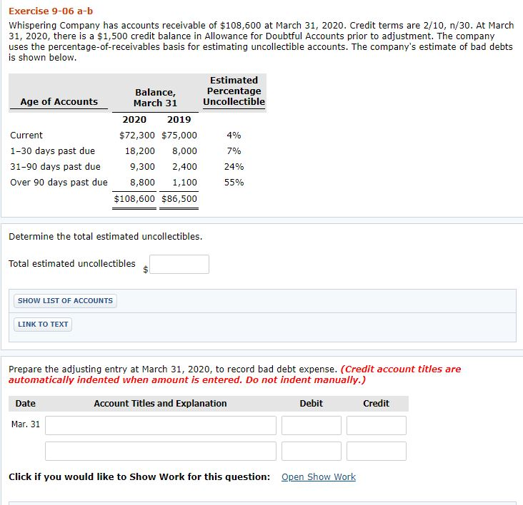 Solved Exercise 9 06 A B Whispering Company Has Accounts Chegg Com