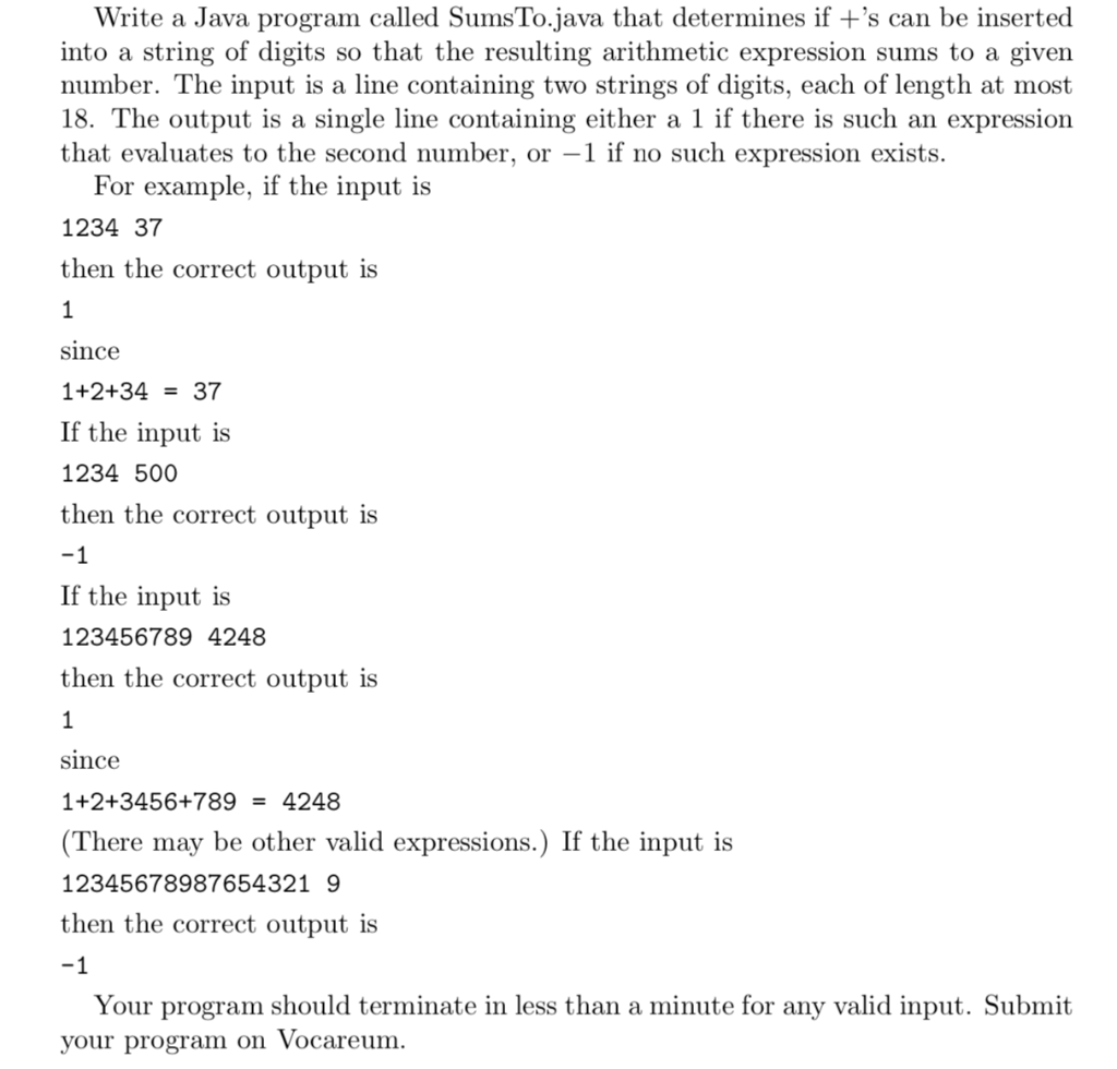 Solved Write a Java program called SumsTo.java that | Chegg.com
