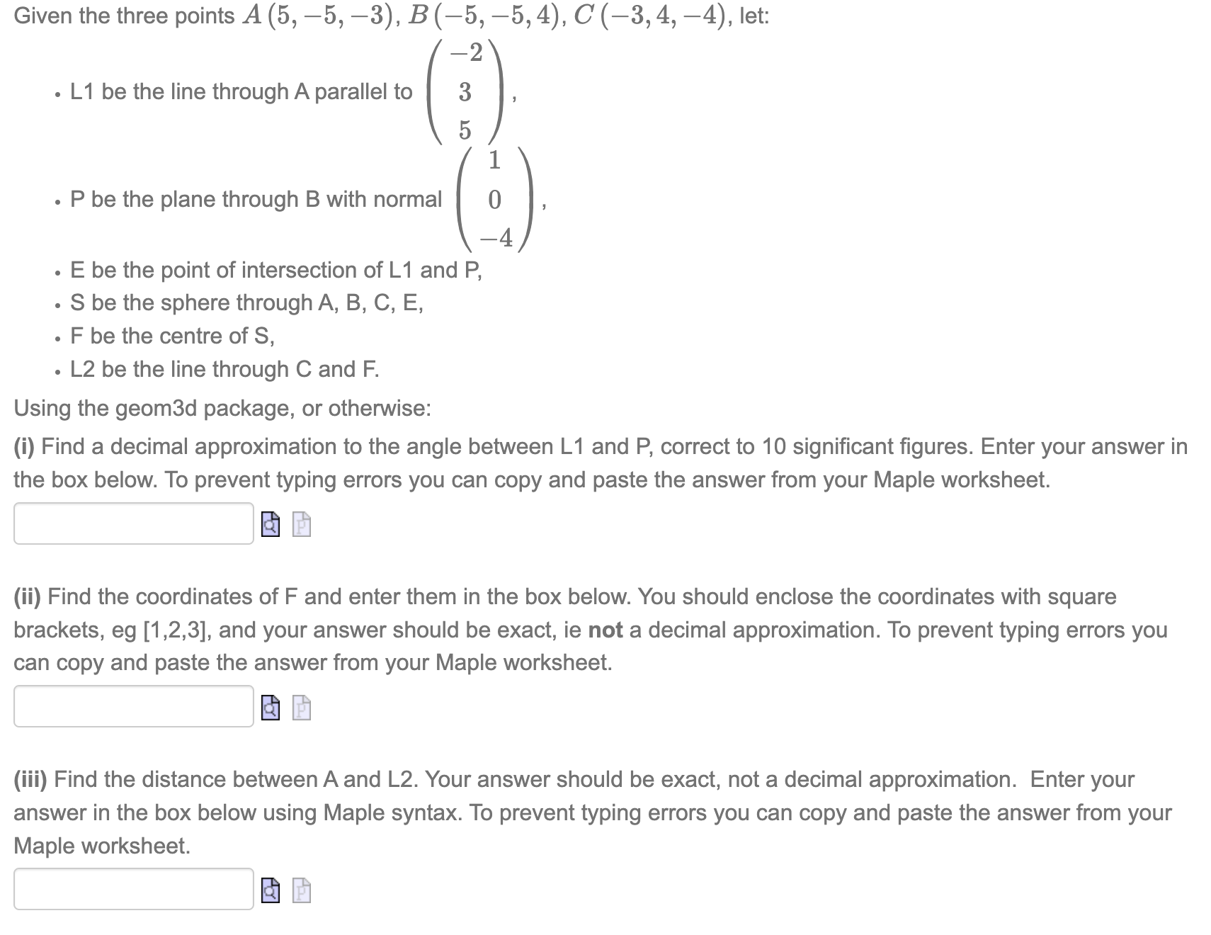 Solved Given the three points | Chegg.com