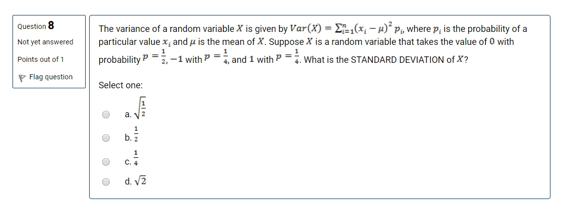 Solved Question 8 Not yet answered The variance of a random | Chegg.com