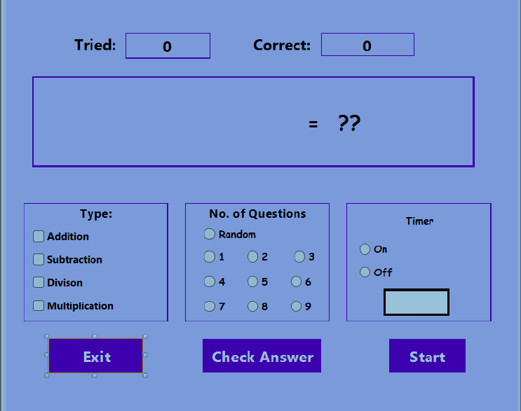 Tried:
Correct:
0
\[
=? ?
\]
Exit
Check Answer
Start