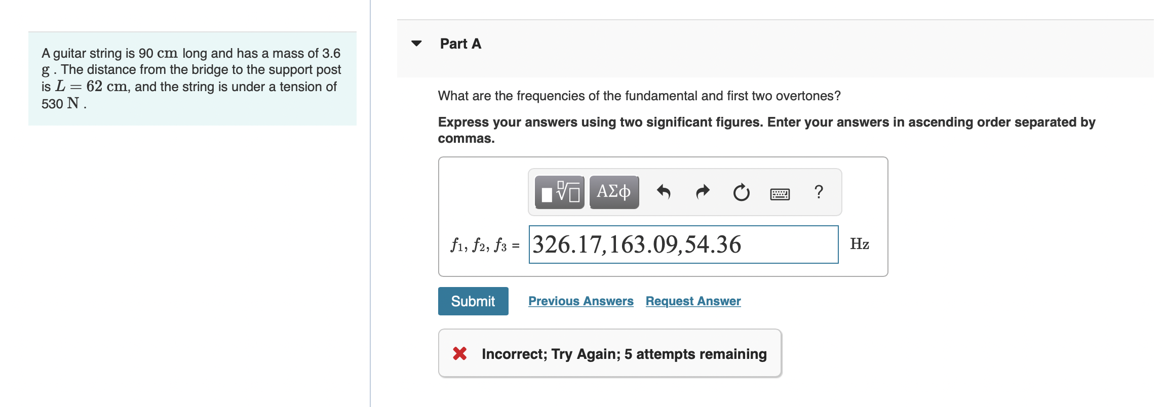 Solved A guitar string is 90 cm long and has a mass of 3.6 g