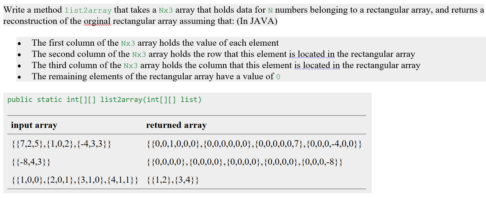 Solved Write a method list2array that takes a Nx3 array that | Chegg.com