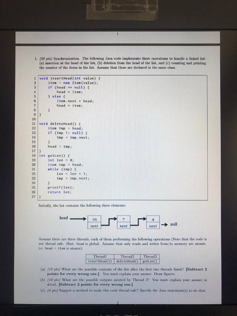 Solved 1. (88 pts) Synchronization. The following Java code | Chegg.com