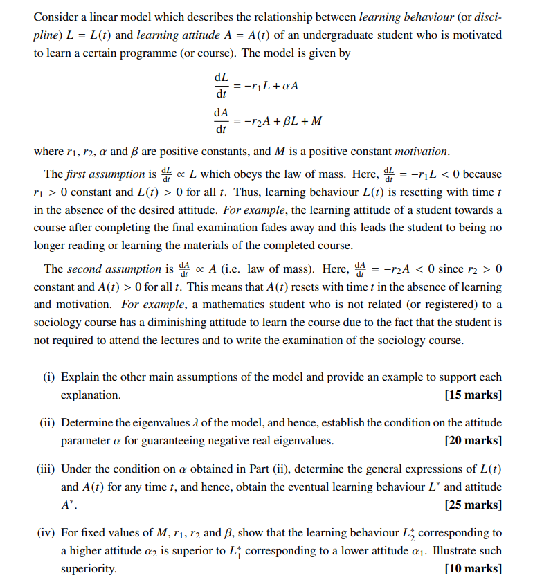 Solved = Consider a linear model which describes the | Chegg.com