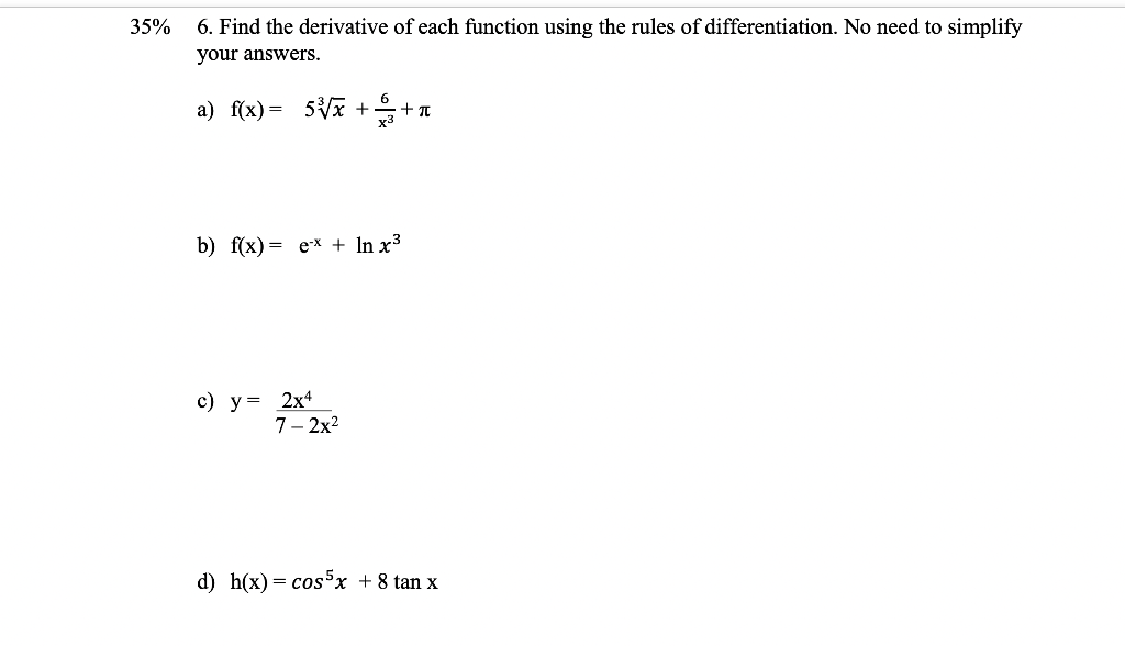 Solved 35% 6. Find the derivative of each function using the | Chegg.com