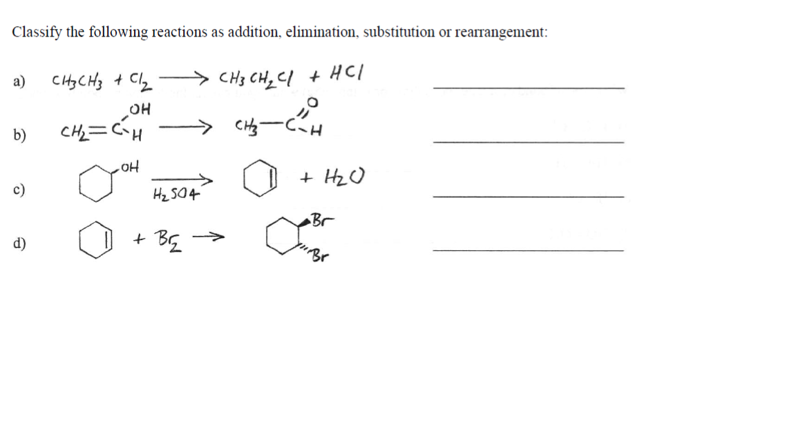 Solved Classify the following reactions as addition, | Chegg.com