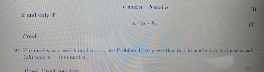 Solved A Mod N=b Mod N If And Only If N (a - B). Proof. 2) | Chegg.com