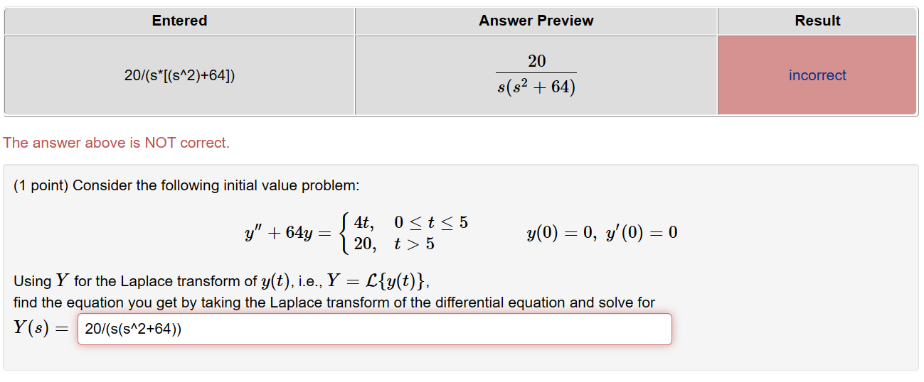 Solved Entered Answer Preview Result 20 20/(s*[(s^2)+64]) | Chegg.com
