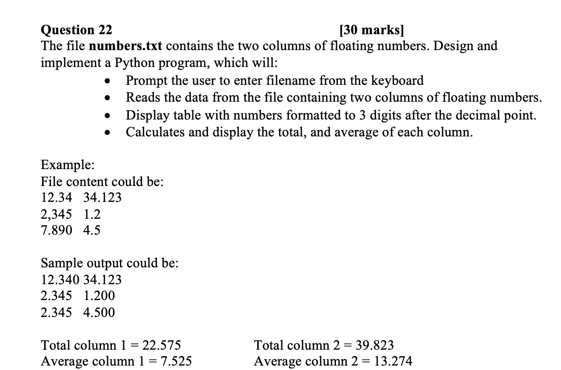 Solved Question 22 [30 marks] The file numbers.txt contains | Chegg.com